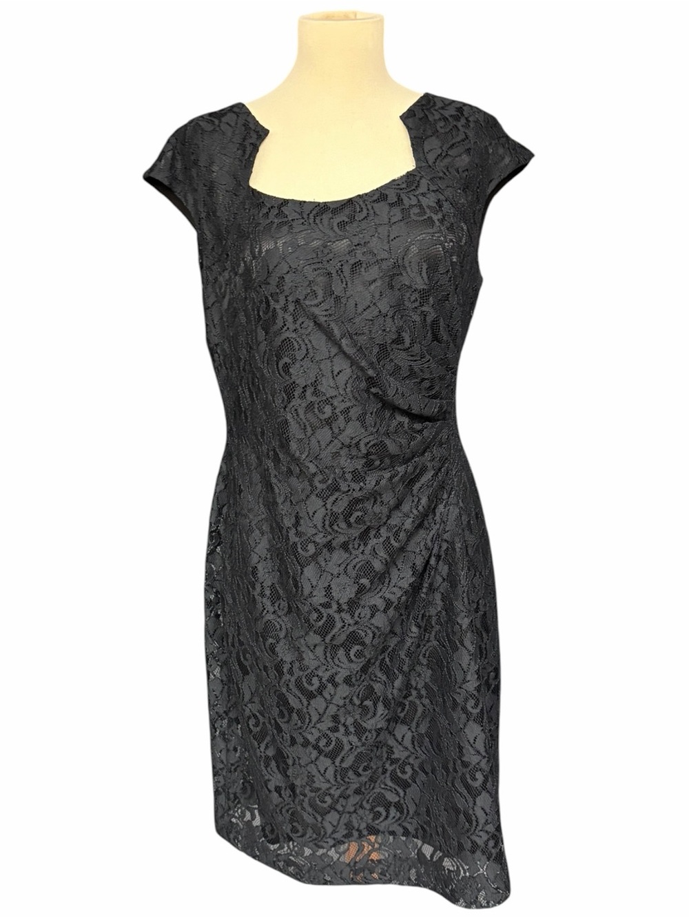 Tahari Arthur S Levine Black Lace Draped Peplum Sheath Dress 8P Petite